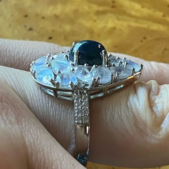 Blue Star Sapphire Rainbow Moonstone Sterling Silver Cocktail Ring Size 7 - Picture 3 of 9